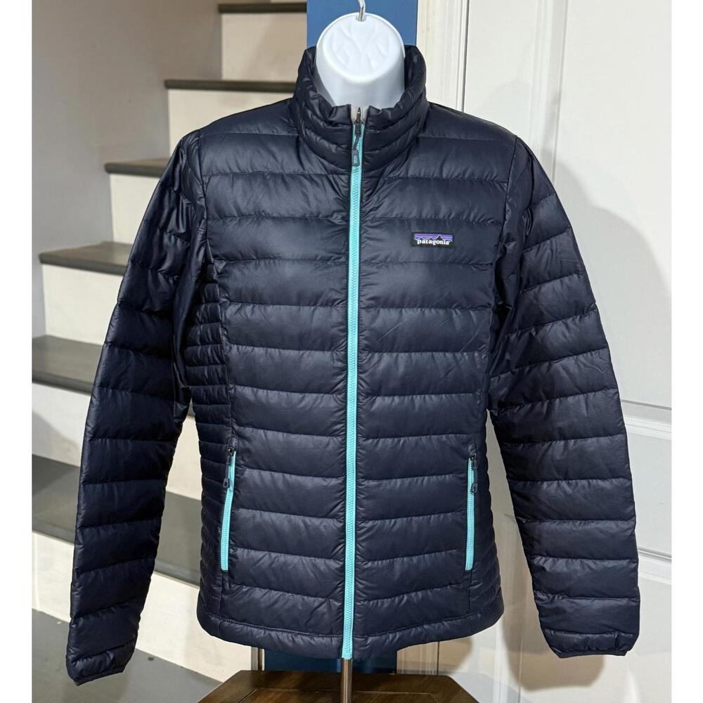 Womens Size Medium Patagonia Goose Down Sweater Puffer Full Zip Navy Blue Jacket